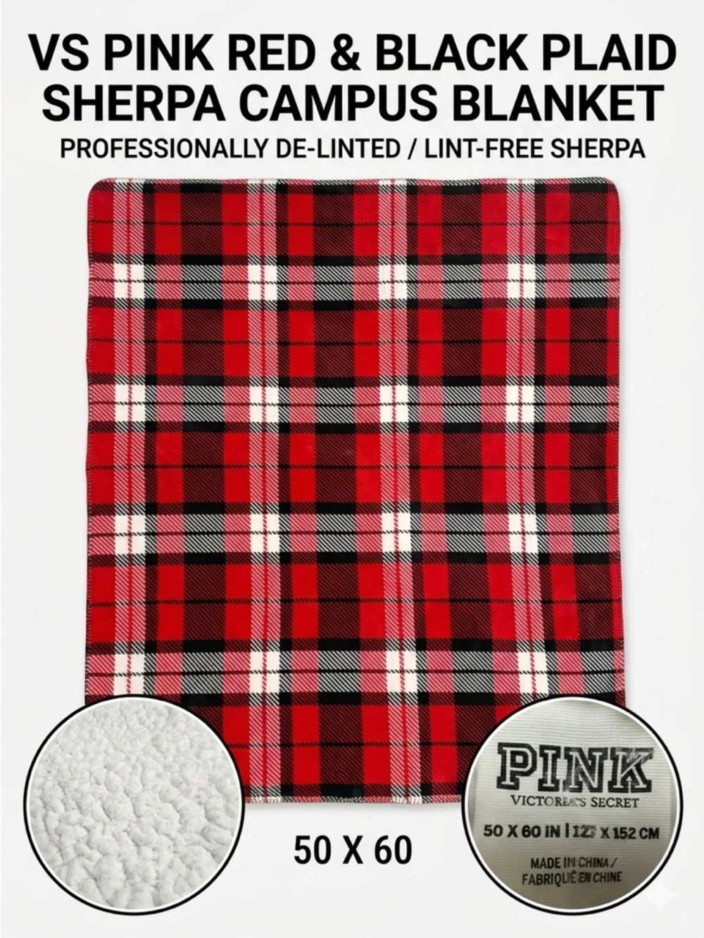 VS PINK Red Black Plaid Sherpa Campus Blanket Classic Rare 50x60 Warm Christmas